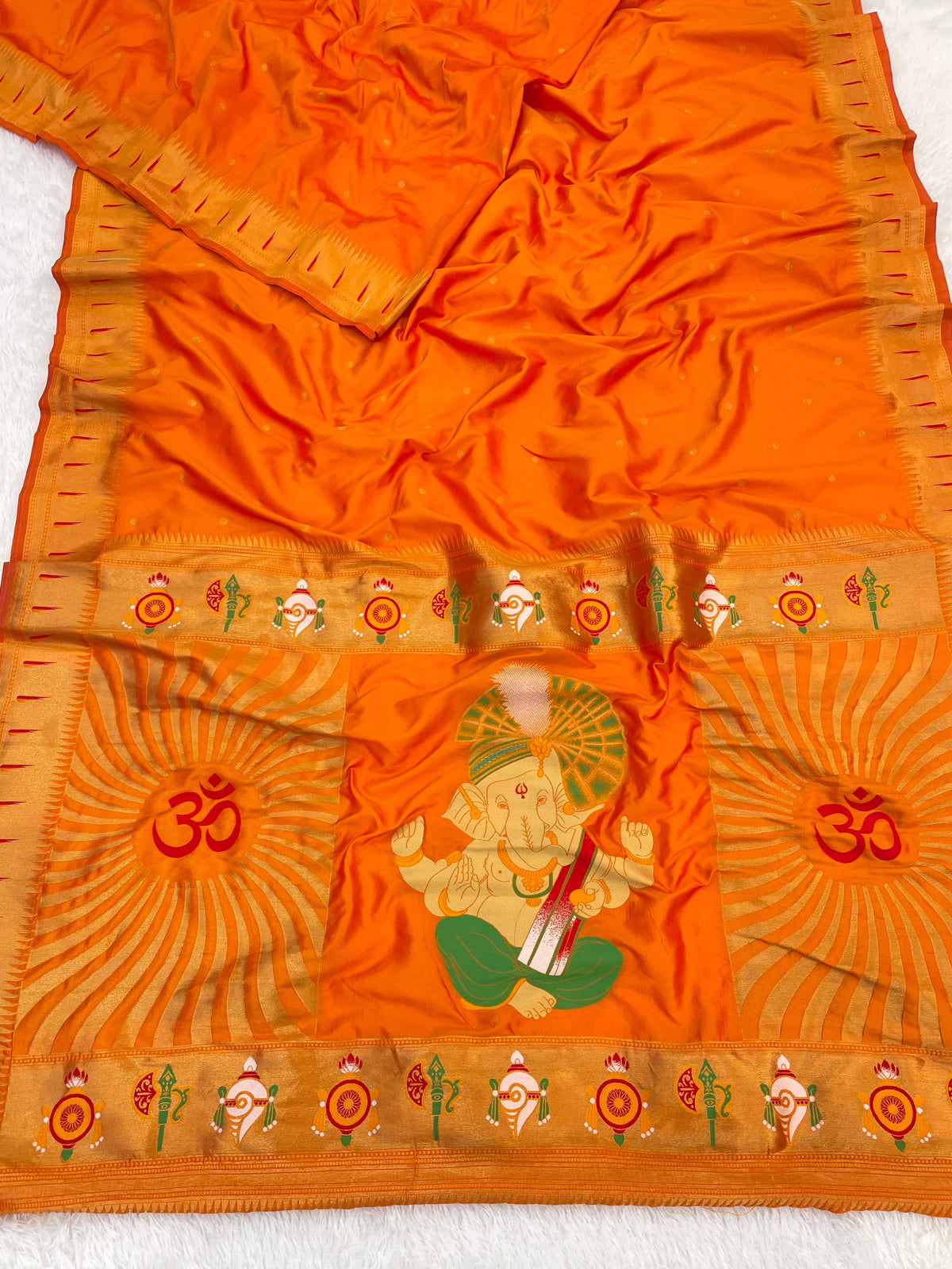 Orange Zari Woven Ganpati God Paithani Silk Saree