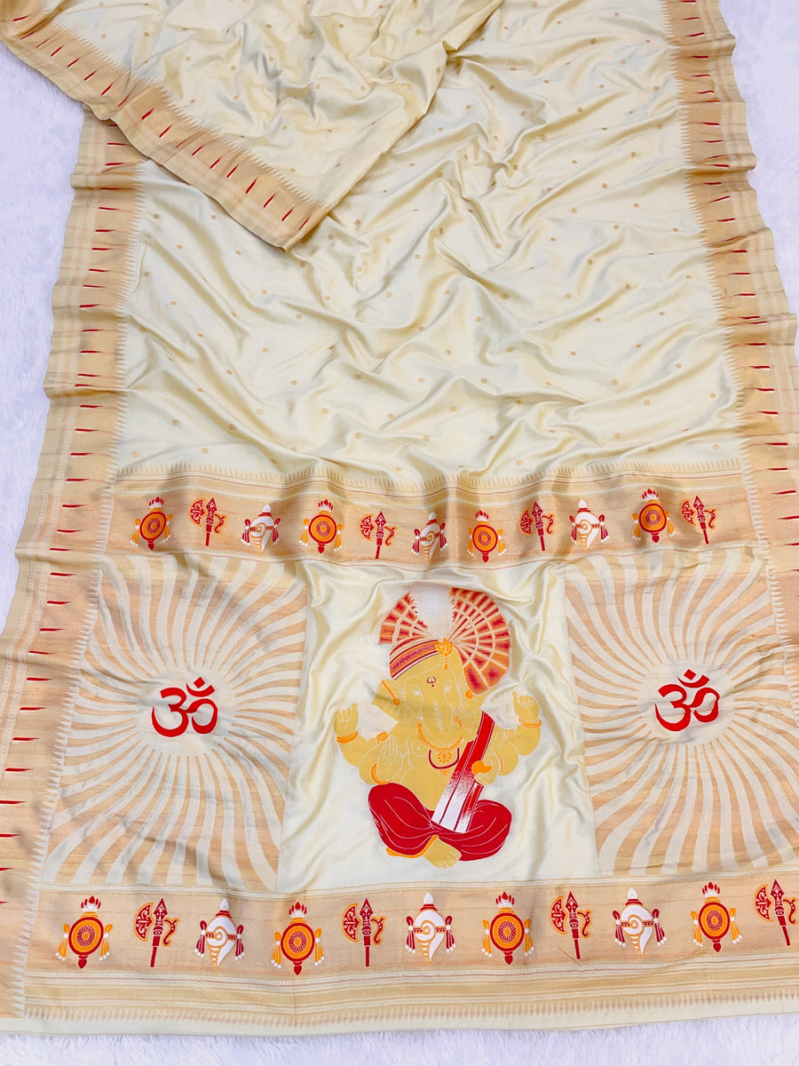 Pearl Cream Zari Woven Ganpati God Paithani Silk Saree