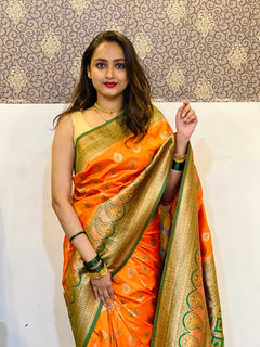 Orange Soft Silk Contrast Zari Woven Saree