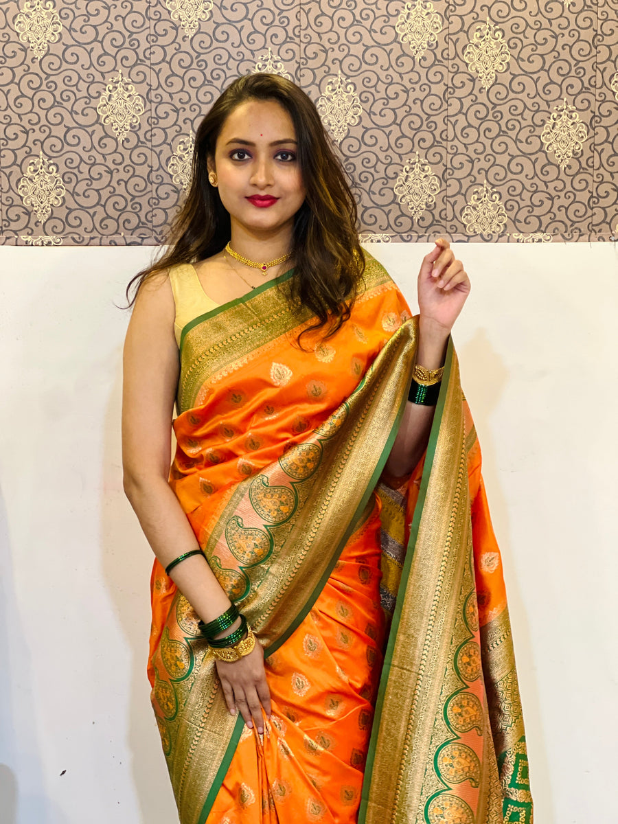 Orange Soft Silk Contrast Zari Woven Saree