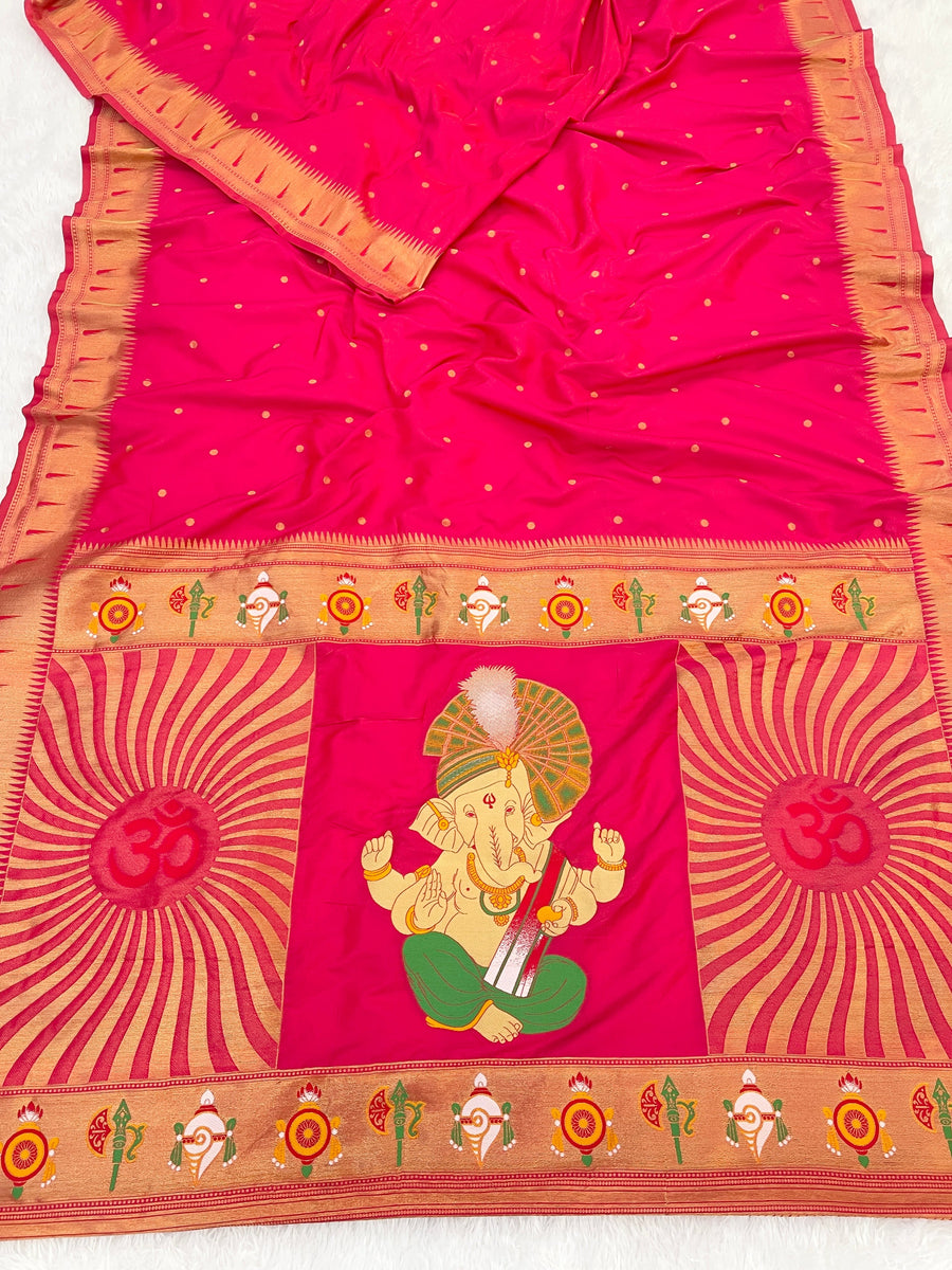 Pink Zari Woven Ganpati God Paithani Silk Saree