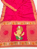 Pink Zari Woven Ganpati God Paithani Silk Saree