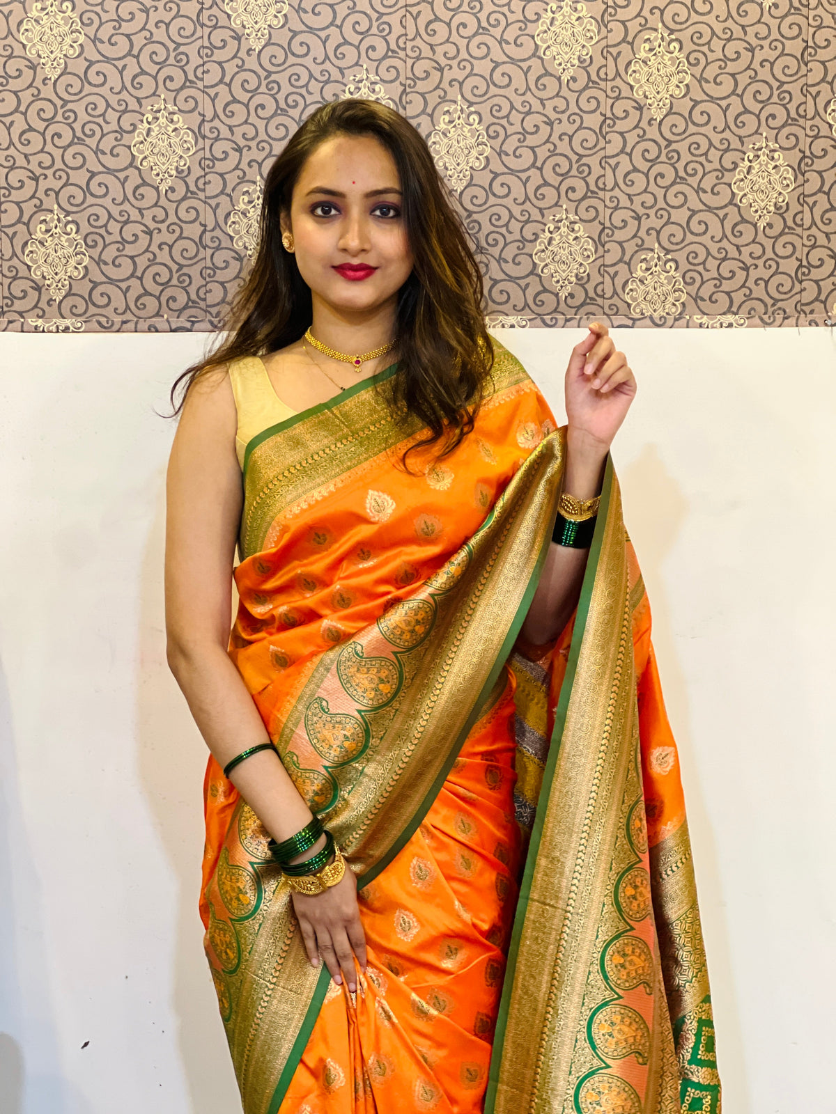 Orange Soft Silk Contrast Zari Woven Saree