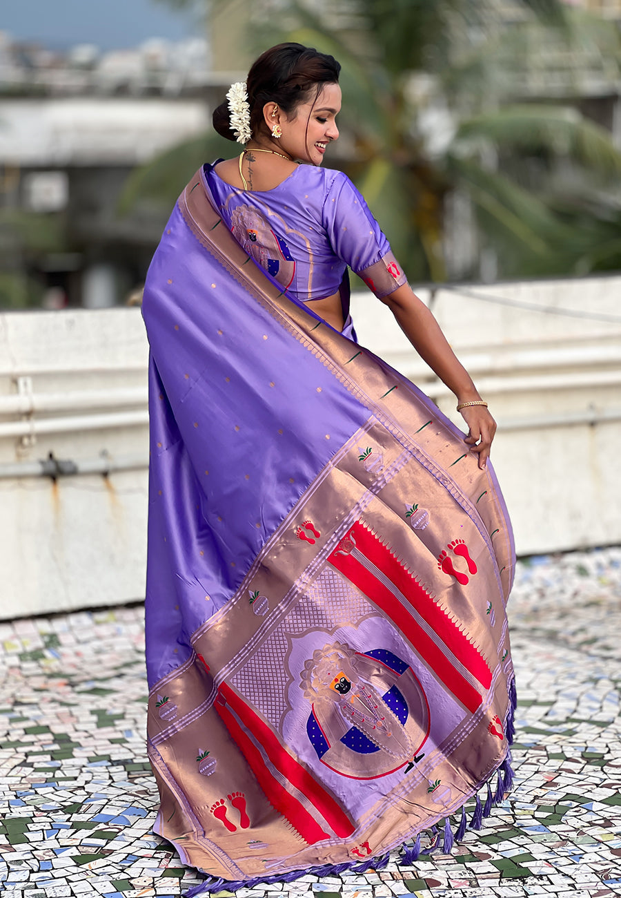 Lavender Zari Woven Mahalaxmi God Paithani Silk Saree