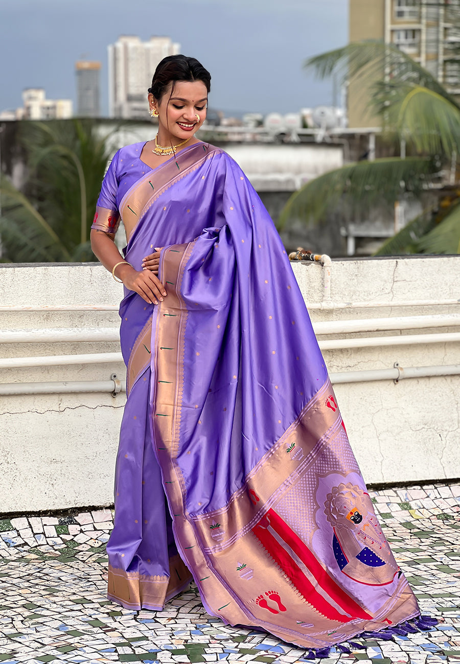 Lavender Zari Woven Mahalaxmi God Paithani Silk Saree