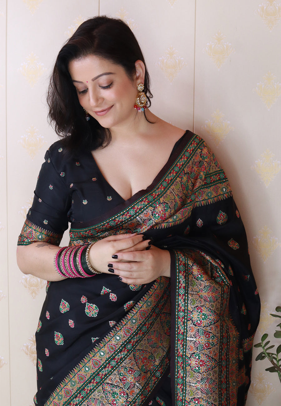 Shivani in our Jade Black Pashmina Kashmiri Silk Zari Woven Saree