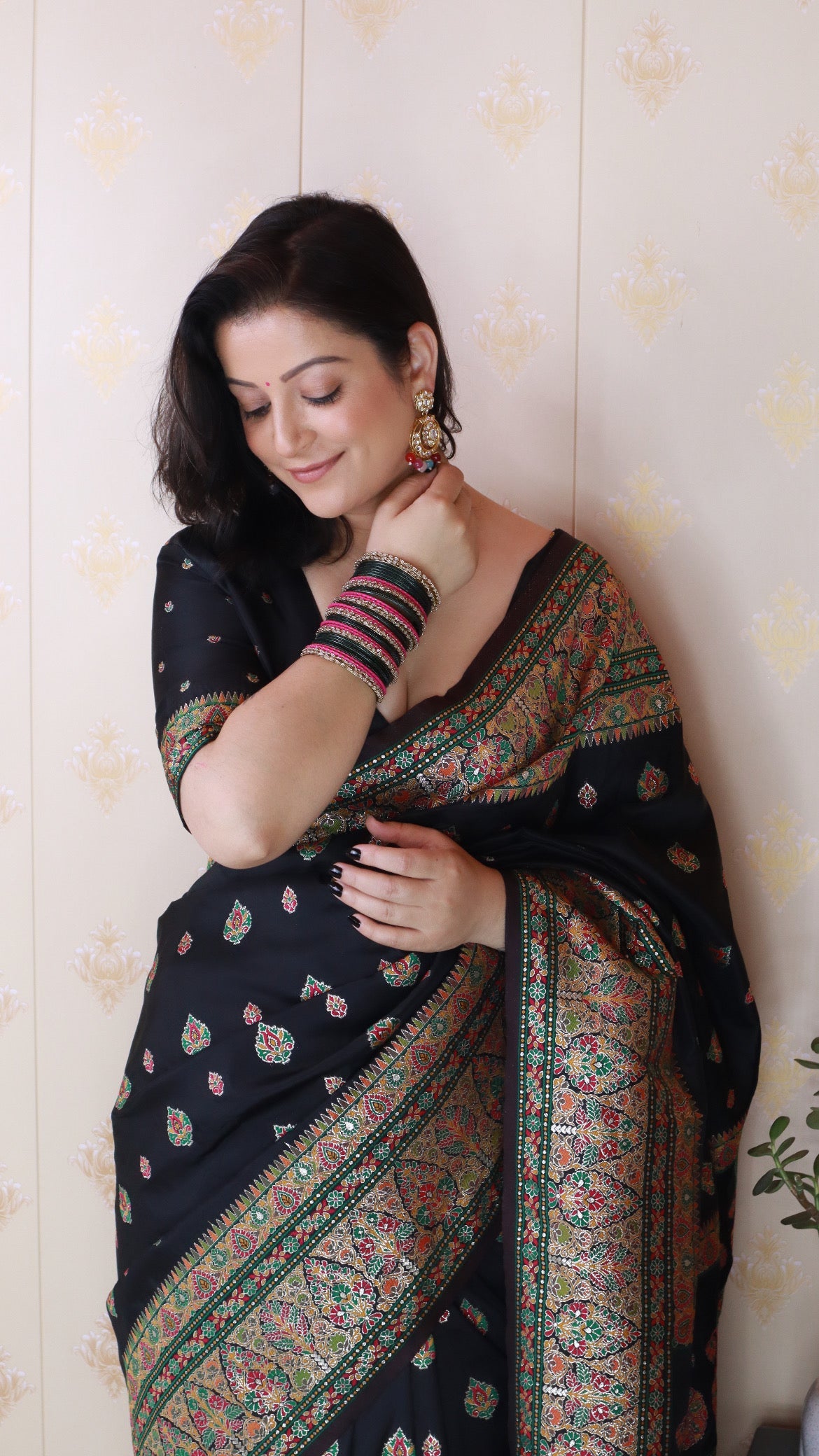 Shivani in our Jade Black Pashmina Kashmiri Silk Zari Woven Saree