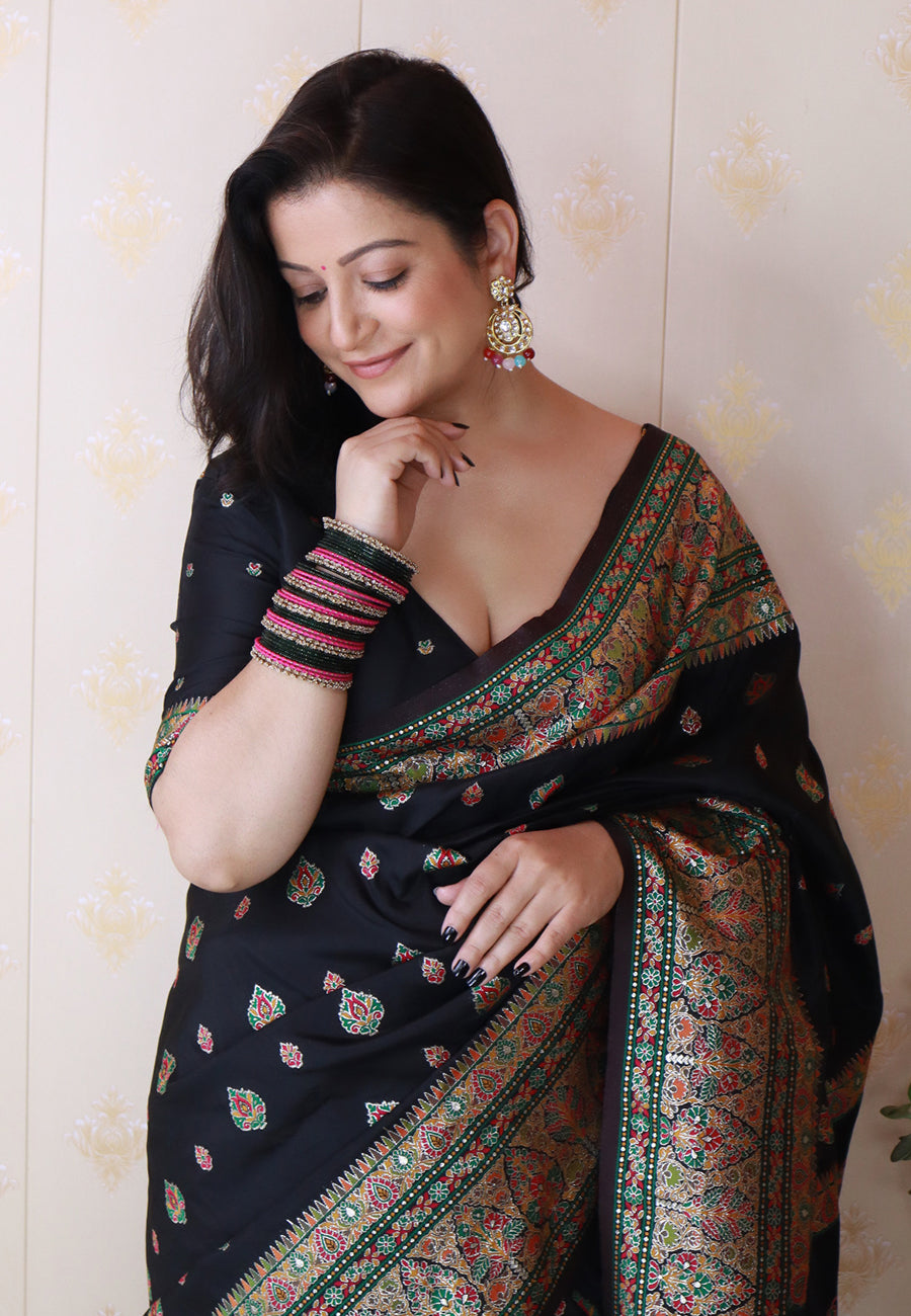 Shivani in our Jade Black Pashmina Kashmiri Silk Zari Woven Saree
