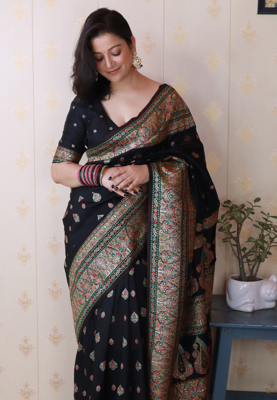 Shivani in our Jade Black Pashmina Kashmiri Silk Zari Woven Saree
