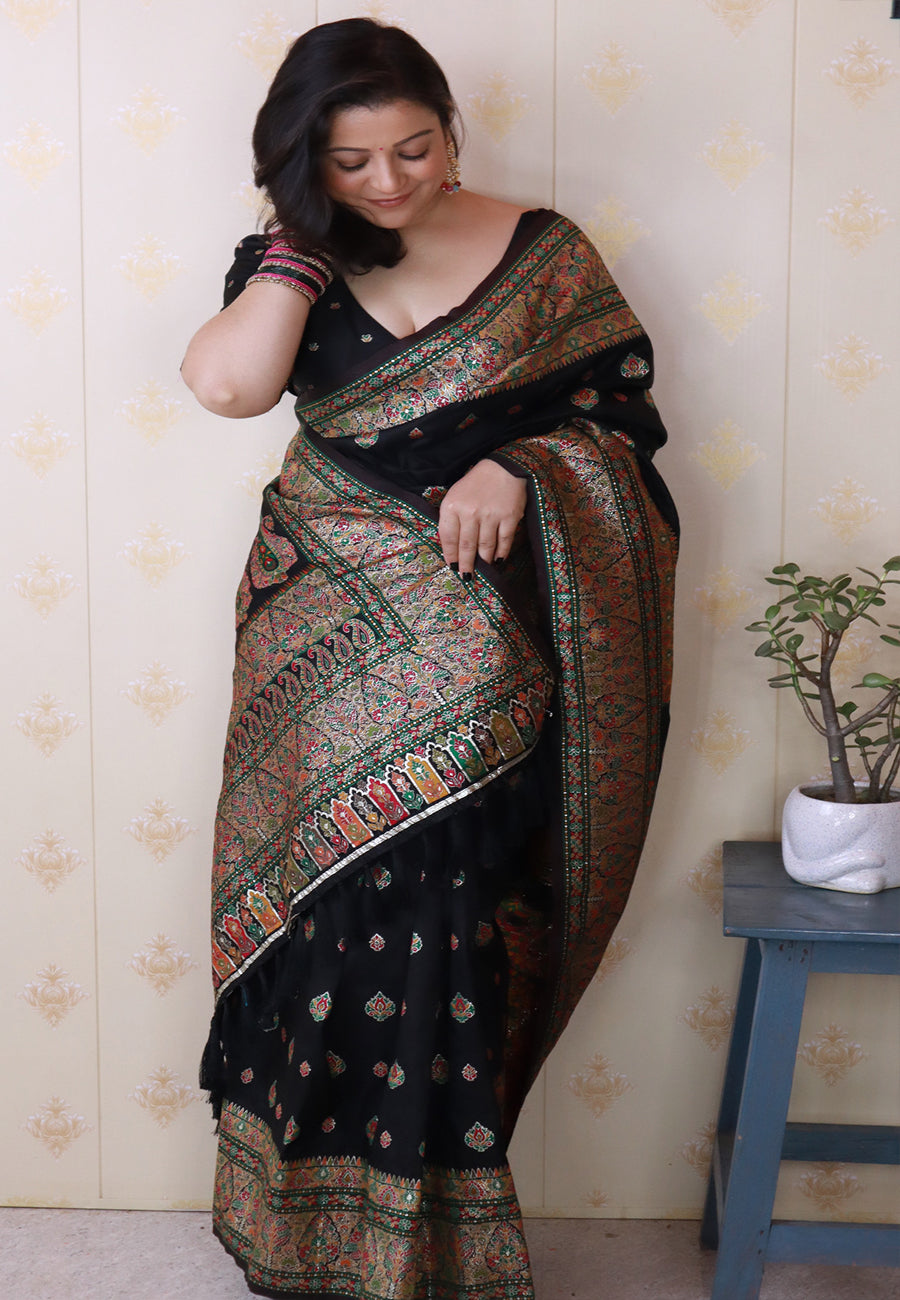 Shivani in our Jade Black Pashmina Kashmiri Silk Zari Woven Saree