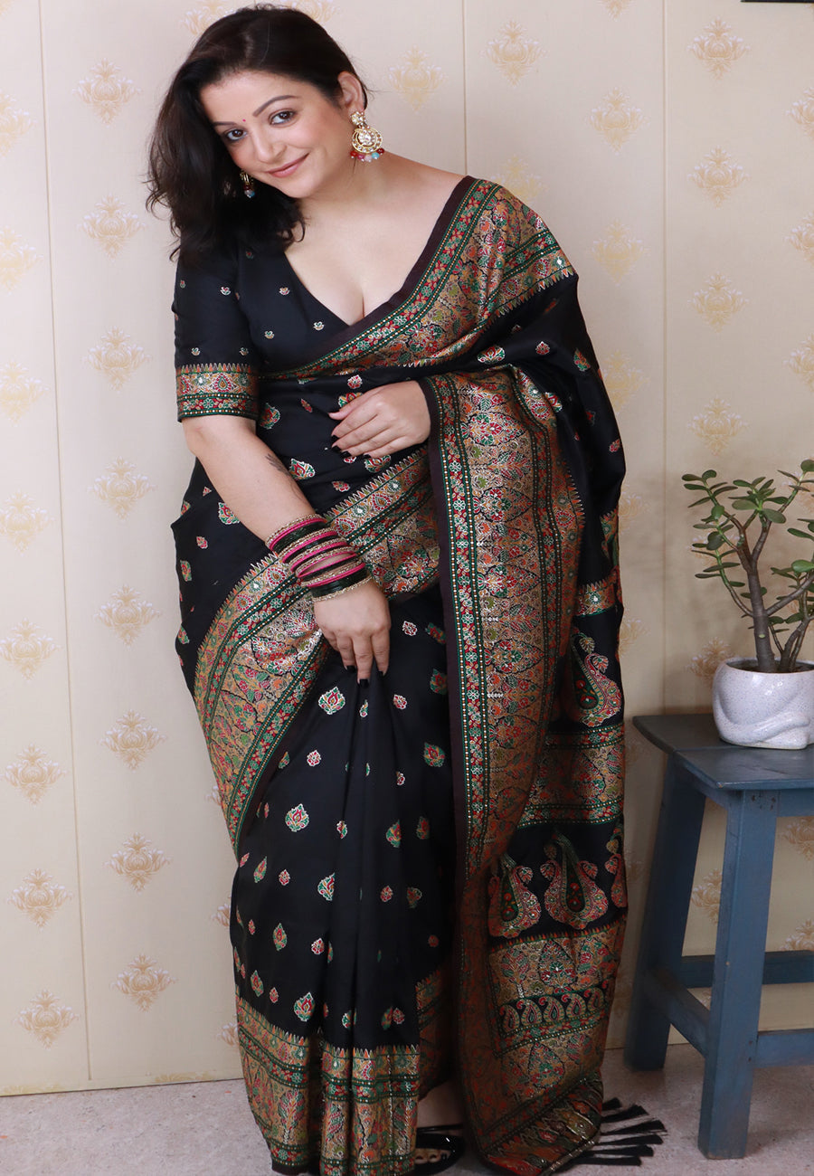 Shivani in our Jade Black Pashmina Kashmiri Silk Zari Woven Saree