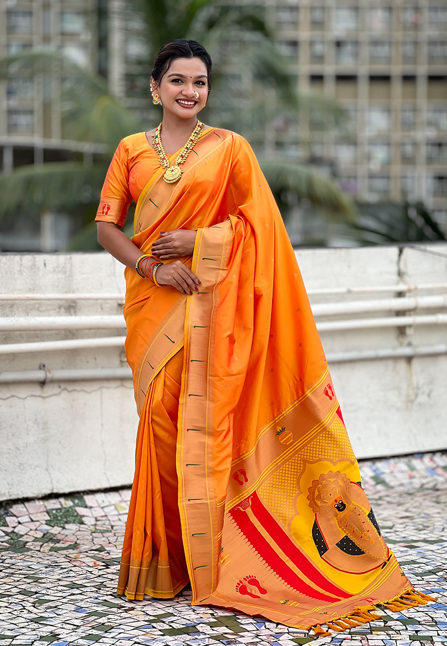 Yellow Zari Woven Mahalaxmi God Paithani Silk Saree