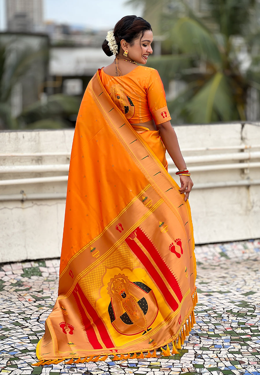 Yellow Zari Woven Mahalaxmi God Paithani Silk Saree