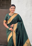 Bottle Green Zari Woven Mahalaxmi God Paithani Silk Saree