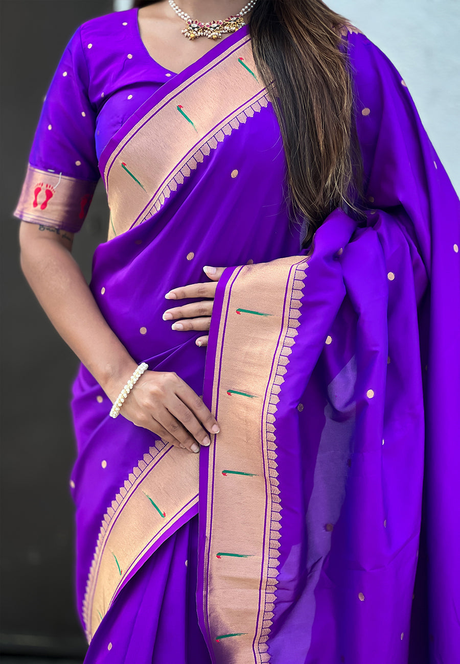Purple Zari Woven Mahalaxmi God Paithani Silk Saree