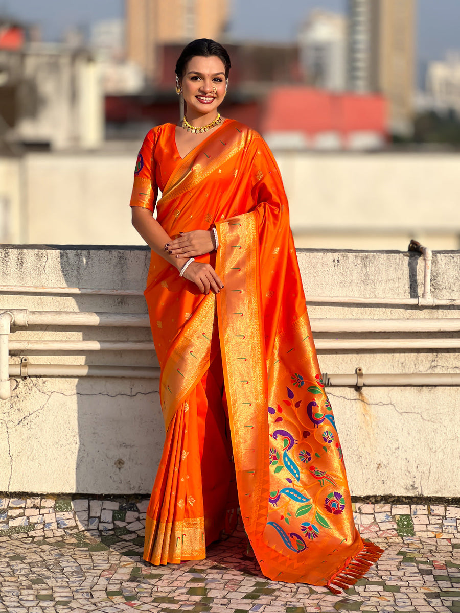 Orange Peacock Paithani Zari Woven Saree