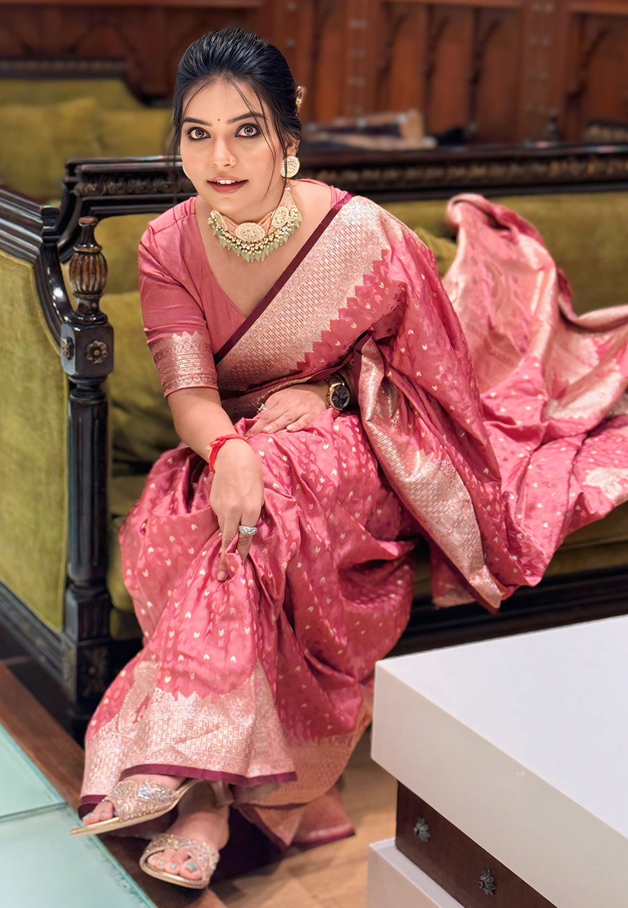 Salmon Pink Banarasi Satin Silk Zari Woven Saree