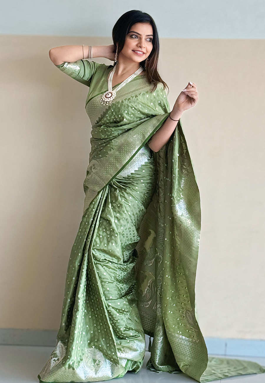 Thistle Green Banarasi Satin Silk Zari Woven Saree