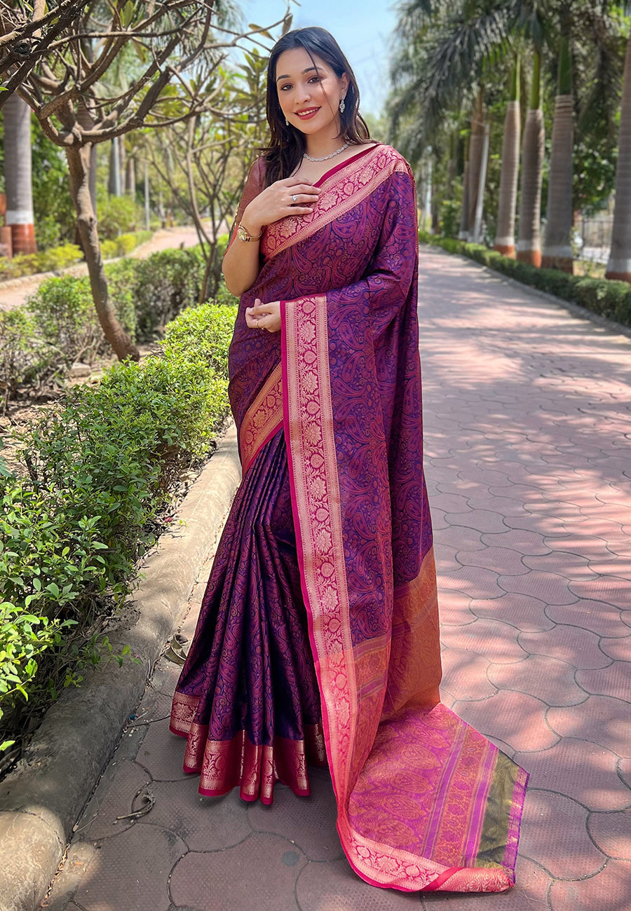 Navy Blue Soft Kashmiri Silk Zari Woven Contrast Saree