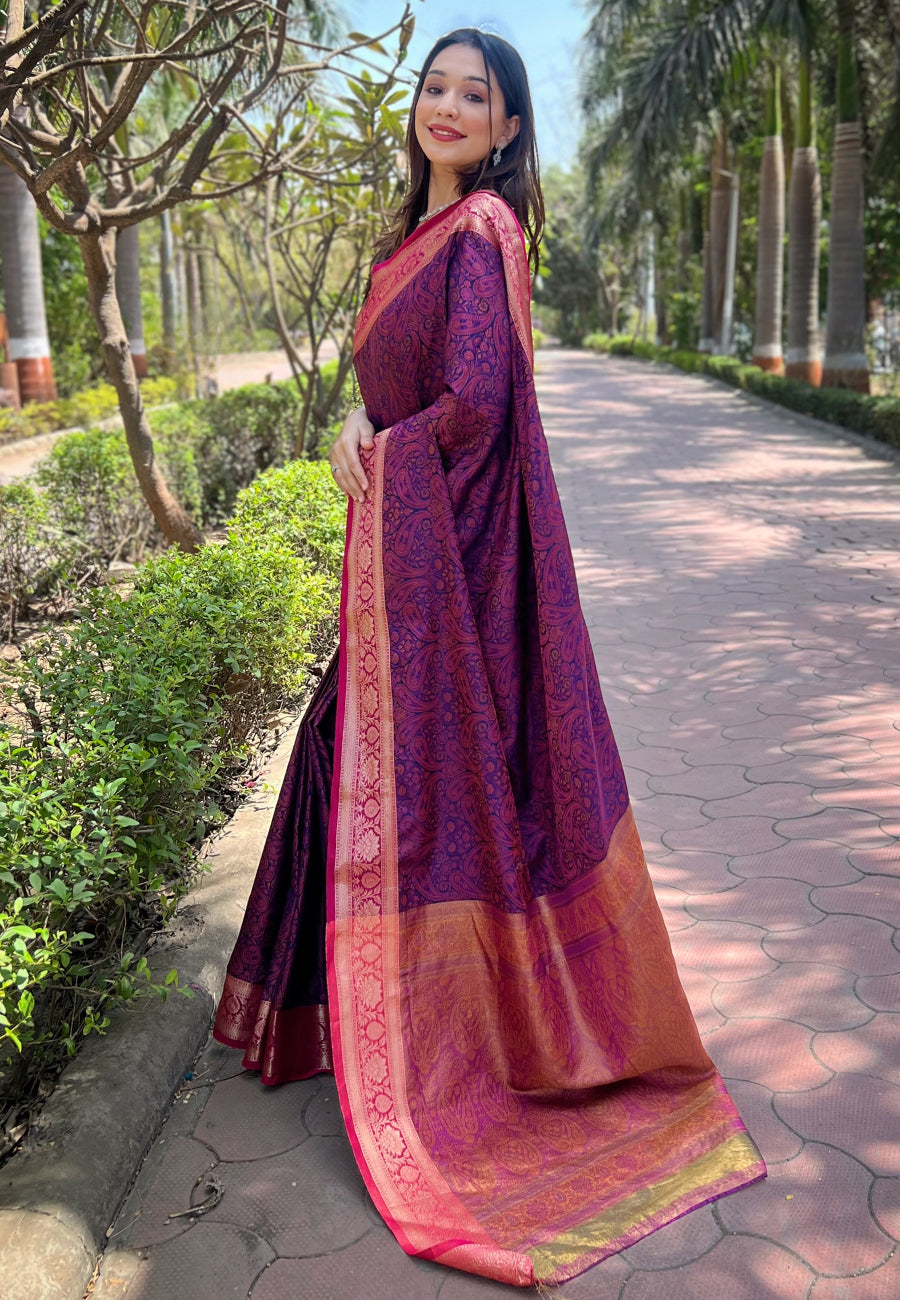Navy Blue Soft Kashmiri Silk Zari Woven Contrast Saree