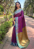Purple Soft Kashmiri Silk Zari Woven Contrast Saree
