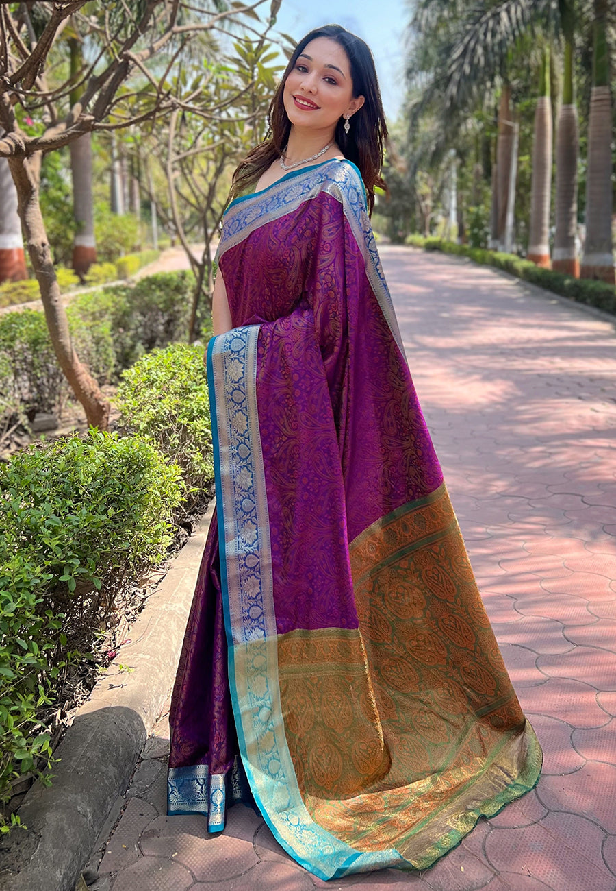 Purple Soft Kashmiri Silk Zari Woven Contrast Saree