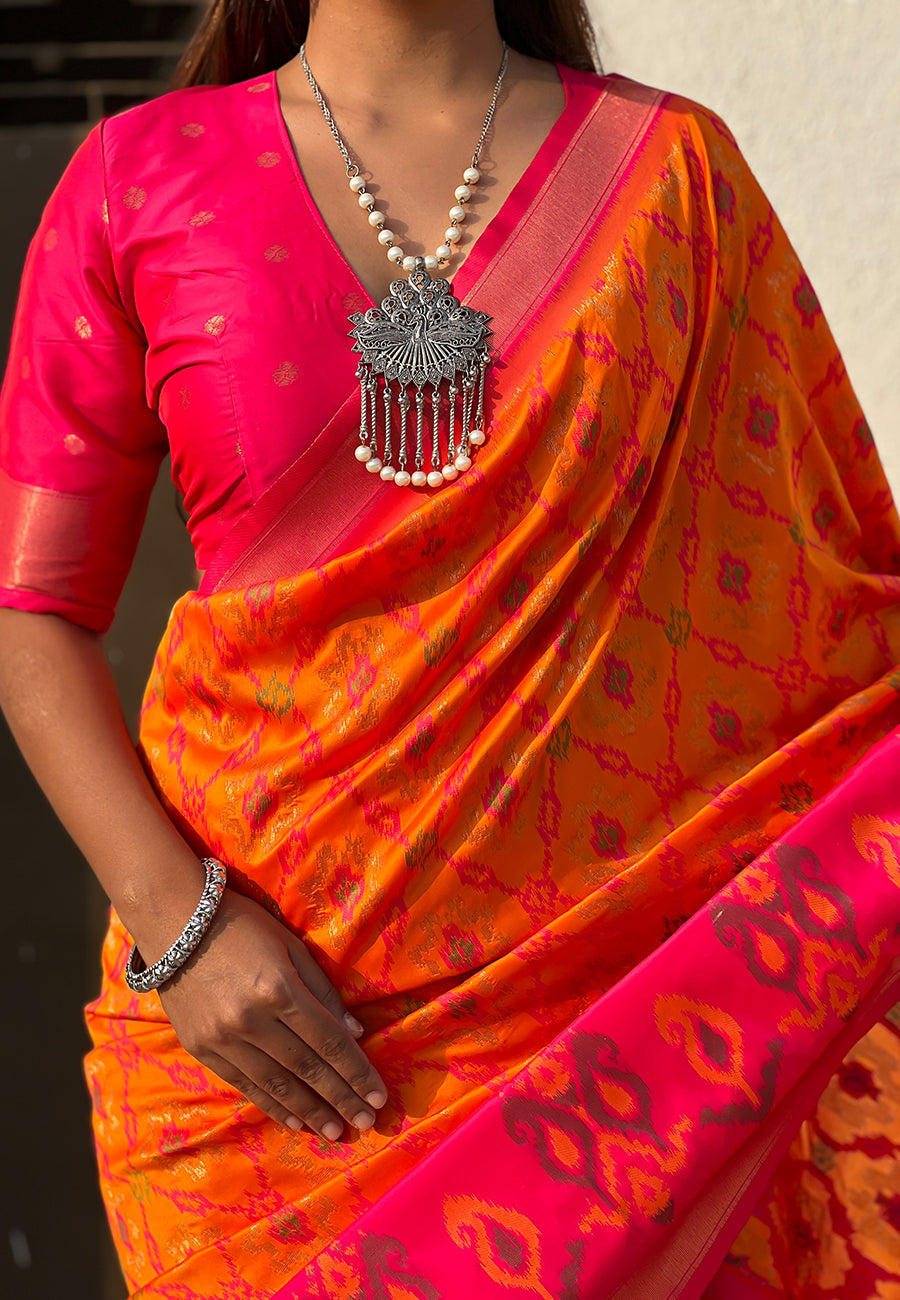 Orange Soft Silk Zari Woven Patola Saree with Contrast Weaves
