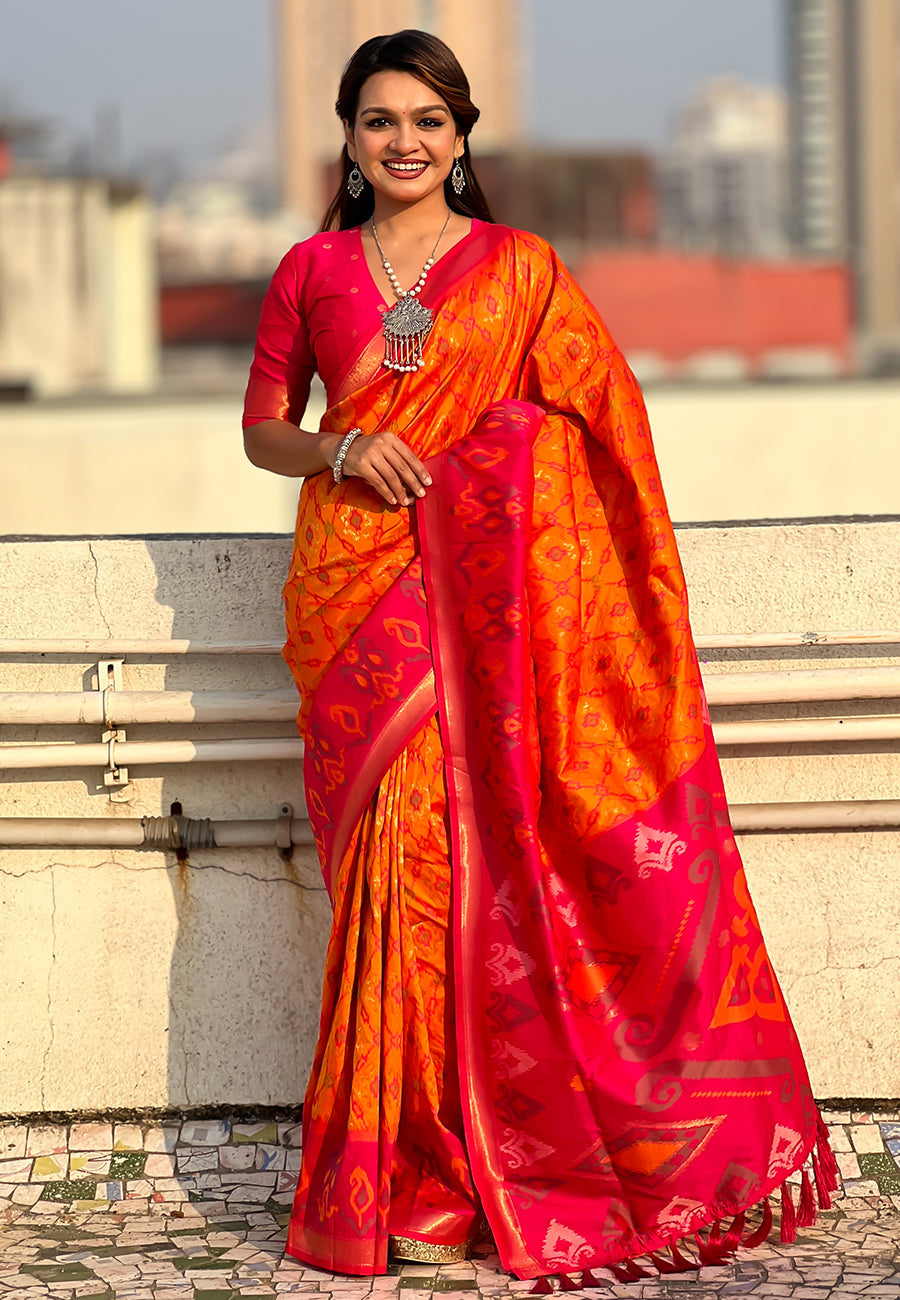 Orange Soft Silk Zari Woven Patola Saree with Contrast Weaves
