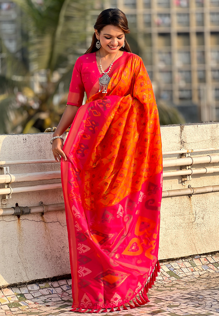 Orange Soft Silk Zari Woven Patola Saree with Contrast Weaves
