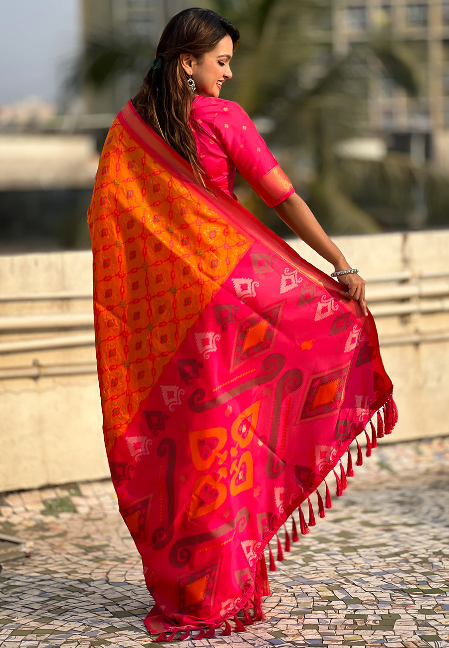 Orange Soft Silk Zari Woven Patola Saree with Contrast Weaves