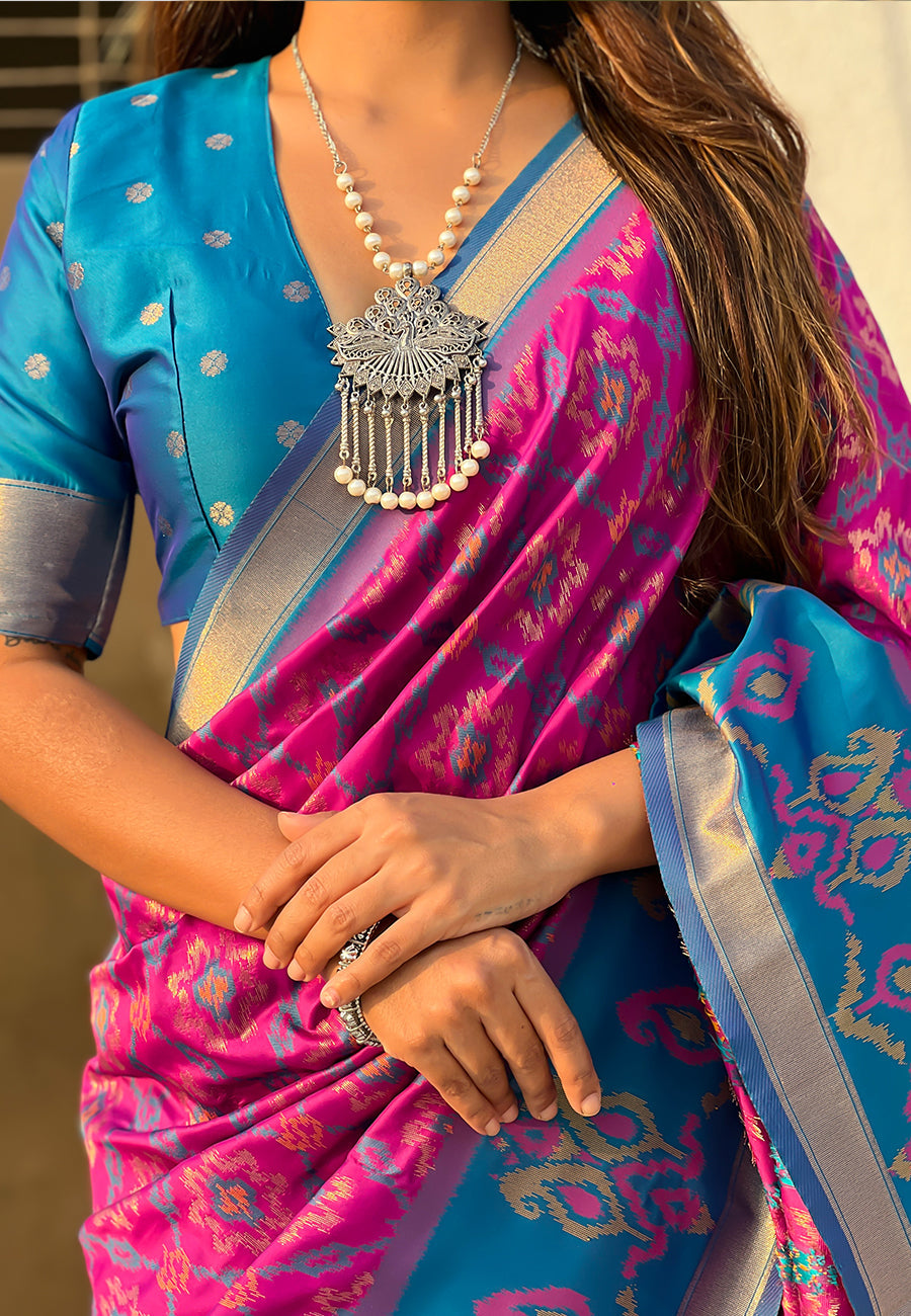 Wine Soft Silk Zari Woven Patola Saree with Contrast Weaves