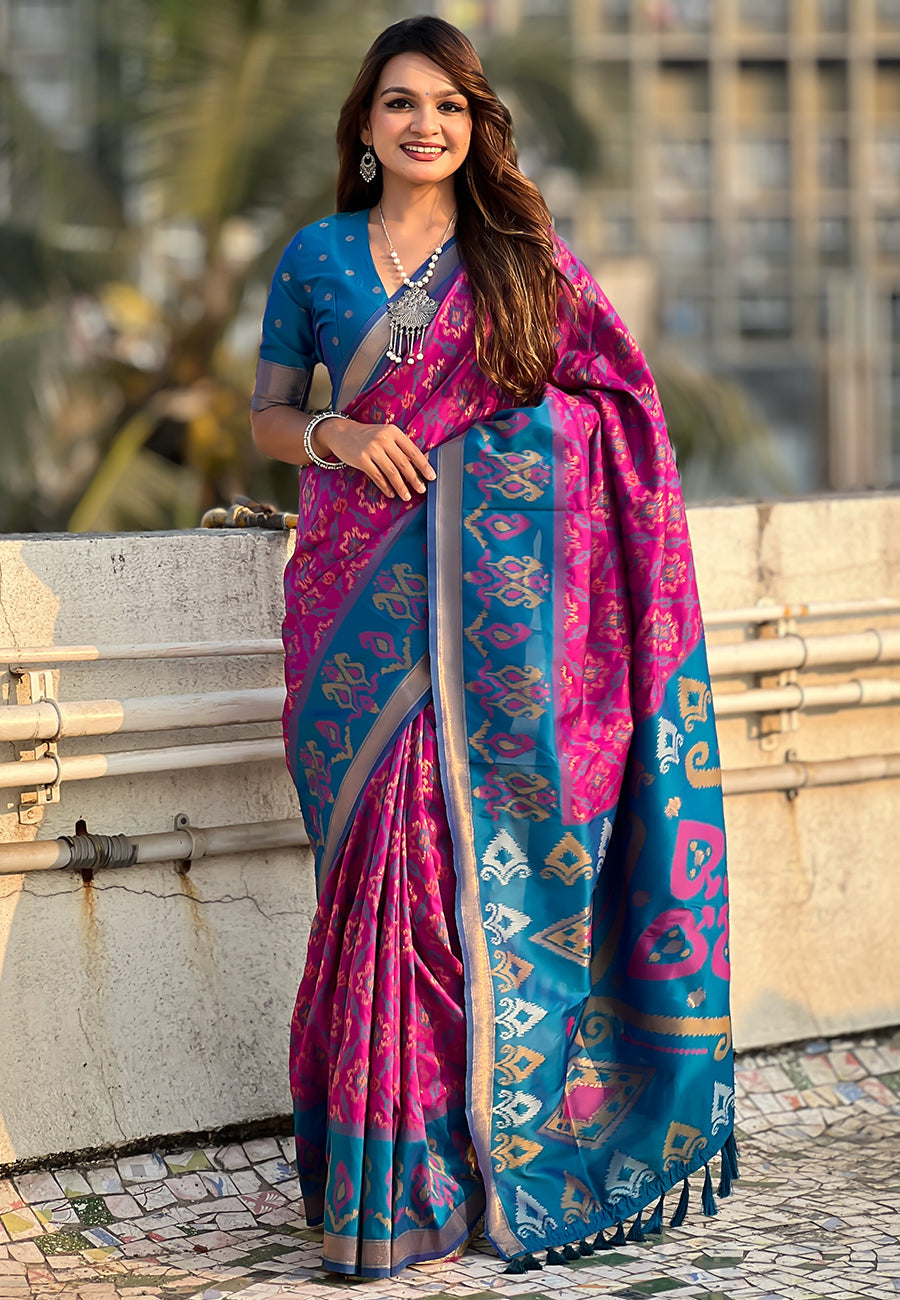 Wine Soft Silk Zari Woven Patola Saree with Contrast Weaves