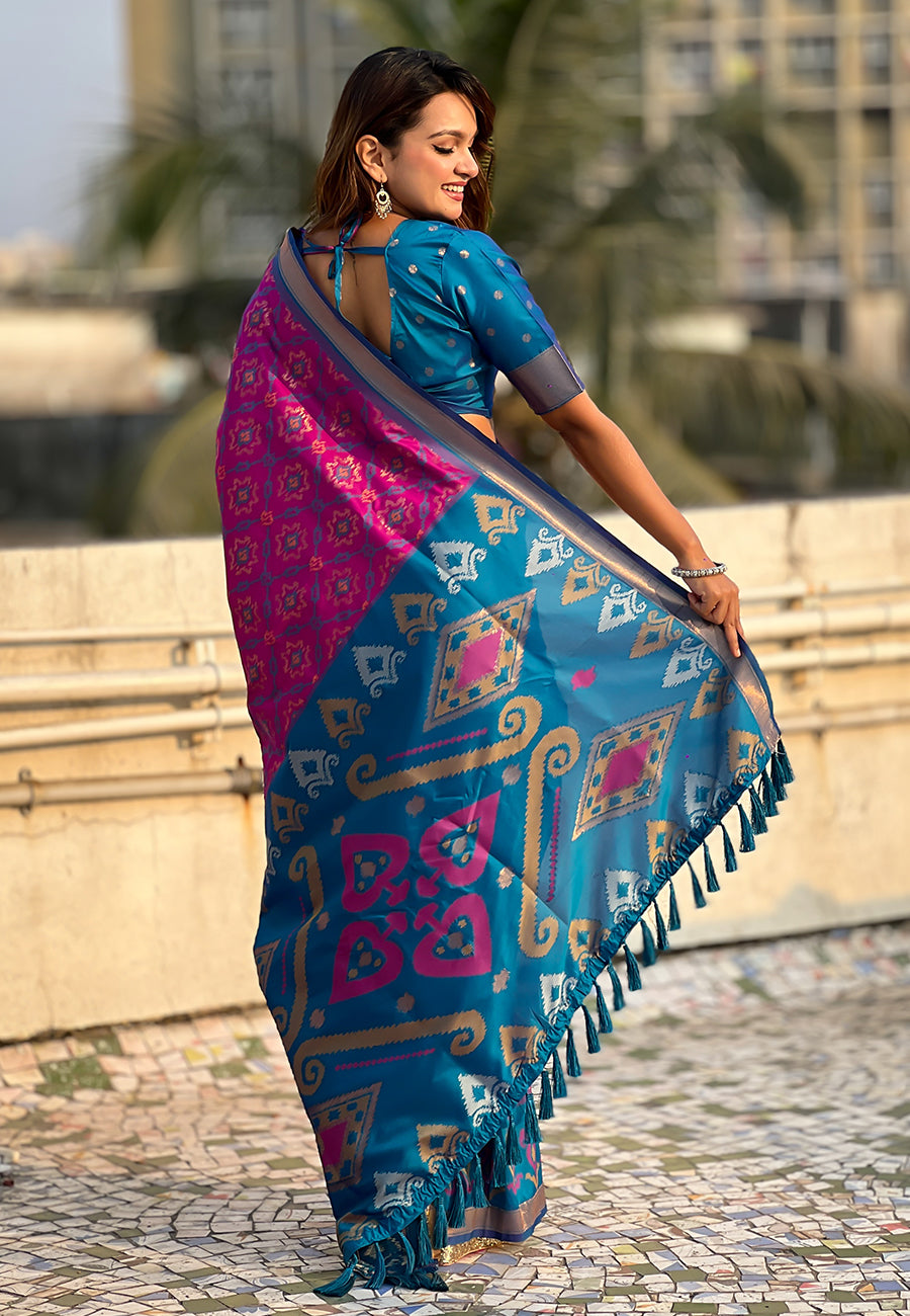 Wine Soft Silk Zari Woven Patola Saree with Contrast Weaves