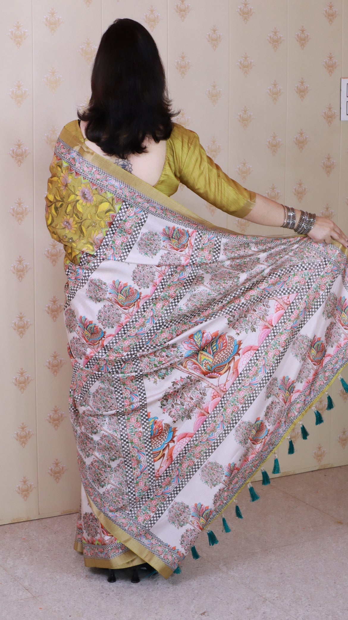 Gold Tussar Silk Floral Madhubani Fusion Printed Saree with Zari Woven Border