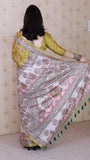 Gold Tussar Silk Floral Madhubani Fusion Printed Saree with Zari Woven Border