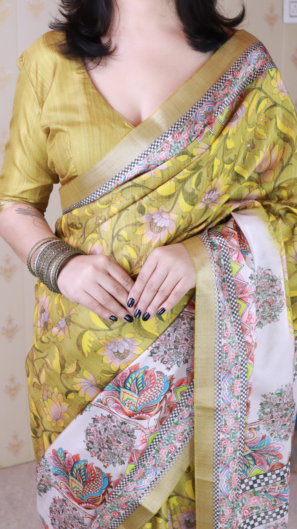 Gold Tussar Silk Floral Madhubani Fusion Printed Saree with Zari Woven Border