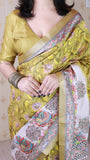 Gold Tussar Silk Floral Madhubani Fusion Printed Saree with Zari Woven Border