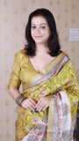 Gold Tussar Silk Floral Madhubani Fusion Printed Saree with Zari Woven Border