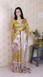 Gold Tussar Silk Floral Madhubani Fusion Printed Saree with Zari Woven Border