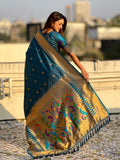 Denim Blue Peacock Paithani Zari Woven Saree