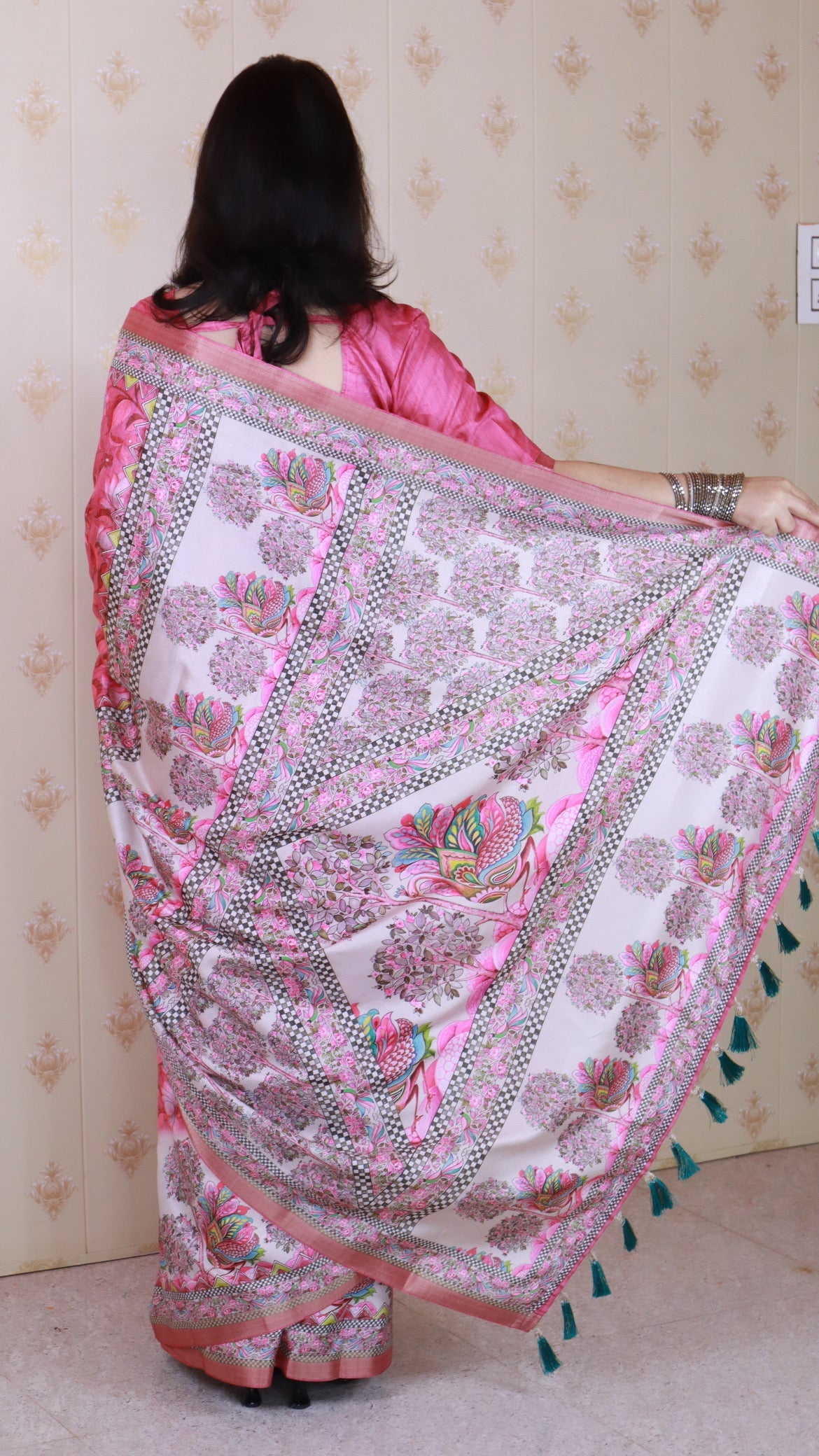 Pink Tussar Silk Floral Madhubani Fusion Printed Saree with Zari Woven Border