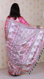 Pink Tussar Silk Floral Madhubani Fusion Printed Saree with Zari Woven Border