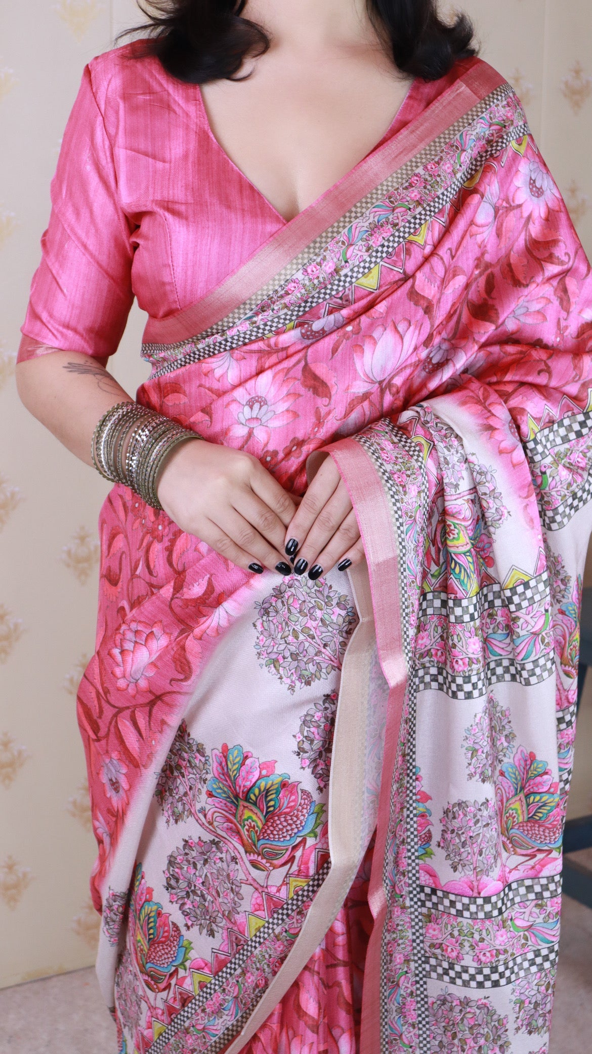 Pink Tussar Silk Floral Madhubani Fusion Printed Saree with Zari Woven Border