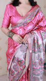 Pink Tussar Silk Floral Madhubani Fusion Printed Saree with Zari Woven Border