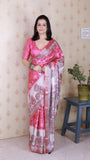 Pink Tussar Silk Floral Madhubani Fusion Printed Saree with Zari Woven Border