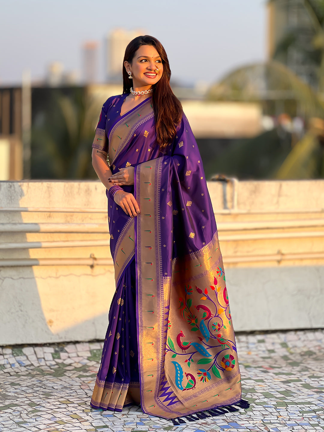 Violet Peacock Paithani Zari Woven Saree
