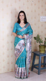 Turquoise Blue Tussar Silk Floral Madhubani Fusion Printed Saree with Zari Woven Border