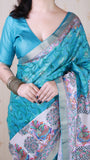 Turquoise Blue Tussar Silk Floral Madhubani Fusion Printed Saree with Zari Woven Border