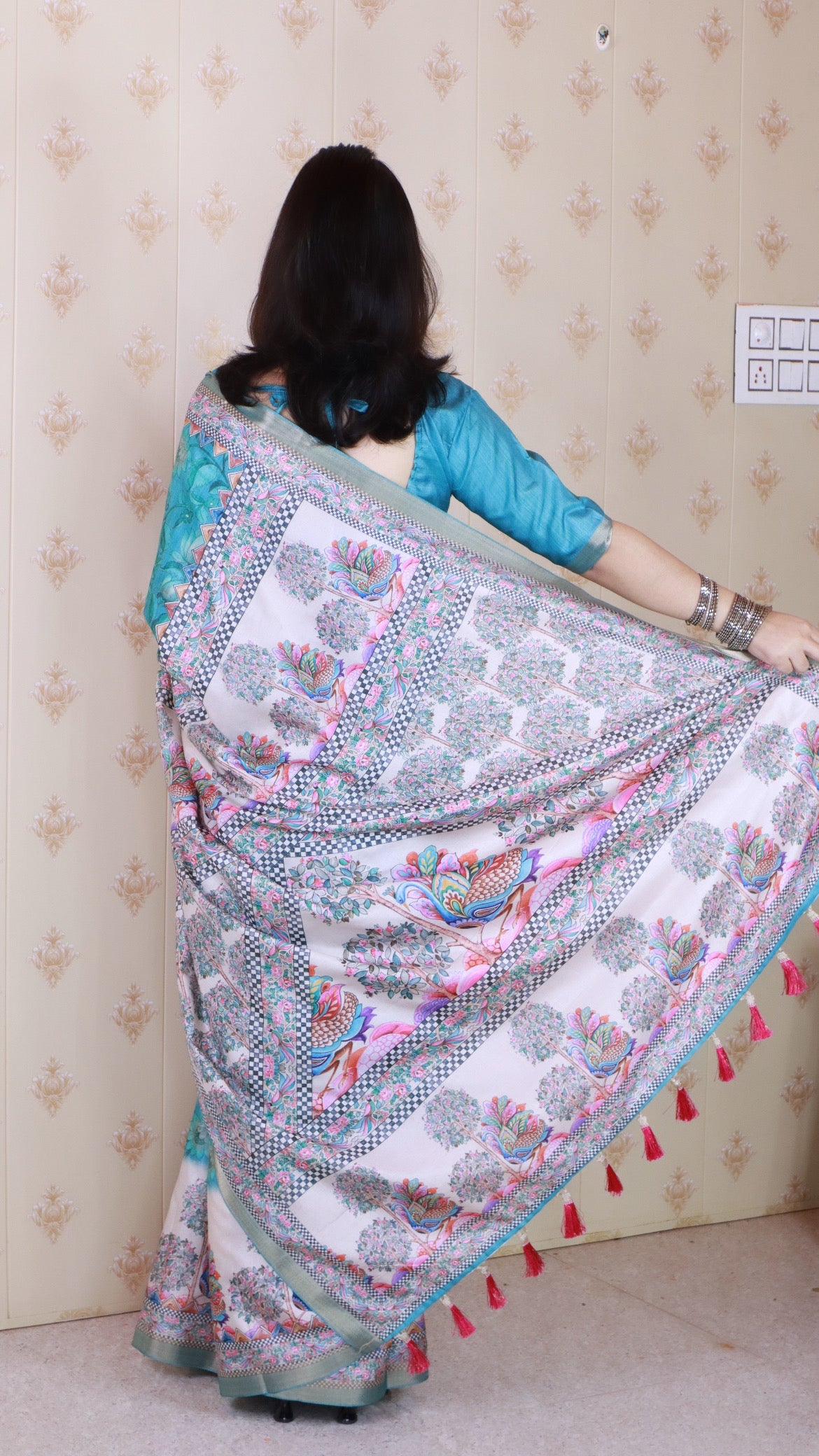 Turquoise Blue Tussar Silk Floral Madhubani Fusion Printed Saree with Zari Woven Border