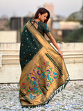 Bottle Green Peacock Paithani Zari Woven Saree